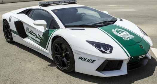 A handout picture released by Dubai police on April 11, 2013 shows the police department's new patrol car, a especially modified quarter-of-a-million dollar Lamborghini Aventador, in the Gulf emirate. The introduction of the sports car, which can reach speeds of up to 349 km/h (217 mph), aims to make justice quicker on Dubai's dangerous highways. AFP PHOTO/HO/DUBAI POLICE == RESTRICTED TO EDITORIAL USE - MANDATORY CREDIT "AFP PHOTO/HO/DUBAI POLICE" - NO MARKETING NO ADVERTISING CAMPAIGNS - DISTRIBUTED AS A SERVICE TO CLIENTS ==HO/AFP/Getty Images