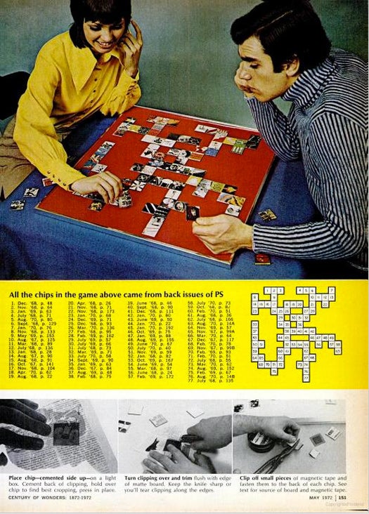 "Crossmatch," from 1972, is a kind of pictorial version of Scrabble, created using images cut out from back issues of <em>Popular Science</em>. You place the magnetic image squares on the board based on inventive relationships – two cards might match because they both contain circles, or scenes of nature. The author warns that beginners may be uncomfortable with the lack of competition in Crossmatch. "The subtlety of relationships, the beauty of conception, and the delight of the imagination will become your natural goals." The best part is that you can store the whole thing on the wall as modern art between games. Read the full story in Crossmatch - The Thinking Man's Game.
