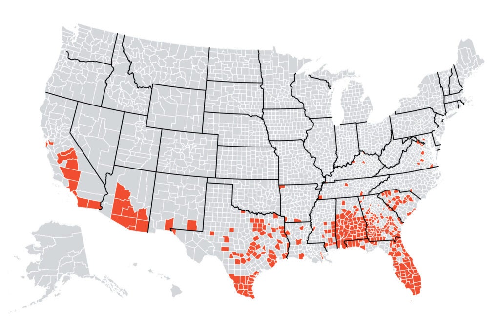 A map showing the counties in the U.S. where the dengue-carrying Aedes aegypti mosquito has been detected. They're mostly in the south.