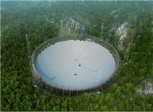 The Five-hundred-meter Aperture Spherical radio Telescope (FAST) that China is building will take over as the largest telescope dish once it's completed in 2016. It's being built within a depression in the Earth resulting from a cave's collapse, in a part of the Guizhou province so remote that it's mostly protected from radio interference. The telescope is so large that the dish can't move as one object; instead, the surface is made of several small panels that can move together or independently, giving FAST unique options in terms of range. For more on the FAST dish, check out <a href="https://www.popsci.com/technology/article/2013-03/largest-telescope-dish/">this story</a>.