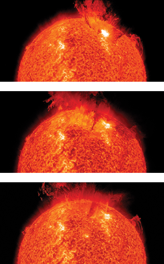 This set of images, also based on the <em>SDO</em>, show a coronal mass ejection. The <em>SDO</em> uses a UV filter. UV light is invisible to the eye, so NASA translated the different wavelengths into colors, which Benson enhanced.