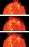This set of images, also based on the <em>SDO</em>, show a coronal mass ejection. The <em>SDO</em> uses a UV filter. UV light is invisible to the eye, so NASA translated the different wavelengths into colors, which Benson enhanced.