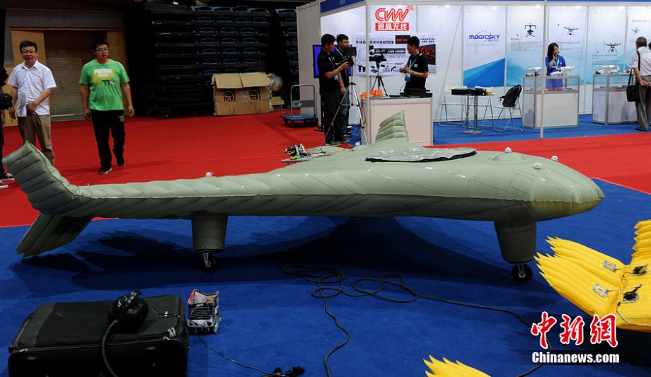 The Chinese displayed not one, but multiple inflatable UAVs at last month's Tianjin UAV Expo. The grey one is larger than its yellow brethren, it also has stronger, reinforced landing gear.