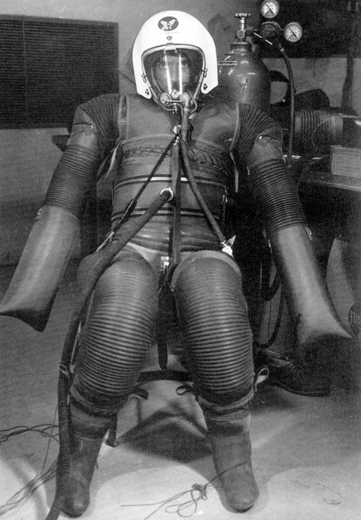 In 1956, the Navy and Air Force awarded the International Latex Corporation a contract to develop high-altitude pressure suits. This prototype didn't have arms yet, but it featured new bellows joints -- a huge step forward for a suit's range of movement.