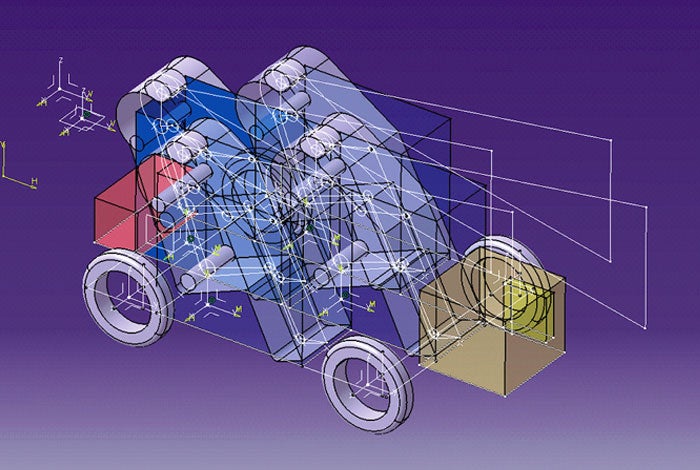 MIT students used CATIA software to generate a novel seating plan--driver, two passengers behind, one in rear. Boxes stand in for seats, powertrain, battery and other components; axial lines indicate the geometries of each object. When any element is moved, adjustments are calculated automatically.