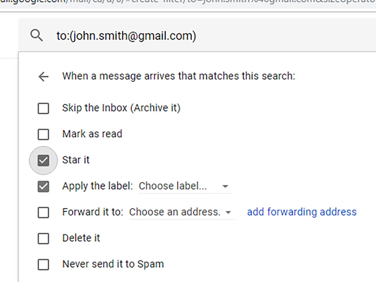 A Gmail alias being used as an email filter to sort incoming messages.