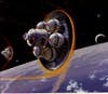 This concept art from 1989 shows the ferry spacecraft used to take astronauts between a space station and the Moon, and possibly Mars.