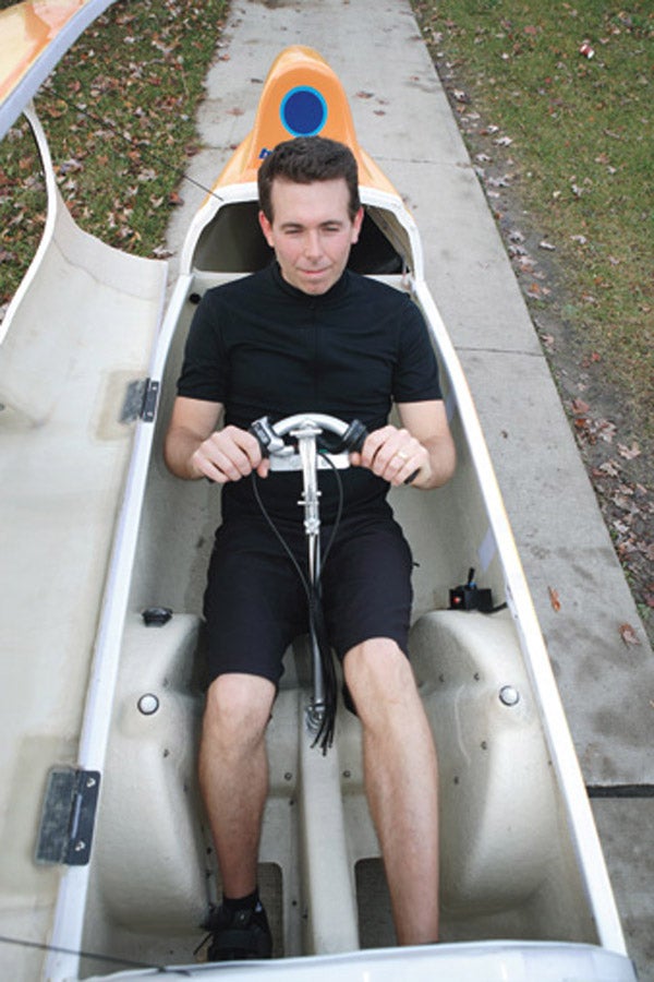 Ray Mickevicius slides into his favorite velomobile, which is designed to not only cut wind but harness it, like a sail.
