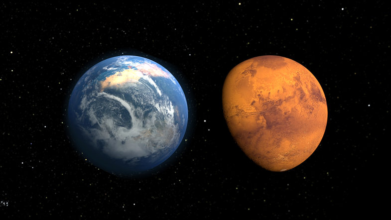 This artist’s conception compares how Mars might have looked as a wetter, warmer planet (left) than it does today (right). With an average surface temperature of -67°F, the Red Planet is much too cold for us Earthlings today. However, scientists believe Mars was once warm enough to hold liquid water. The data MAVEN collects will tell scientists about Mars’ climate history and help them assess the feasibility of life on Mars.