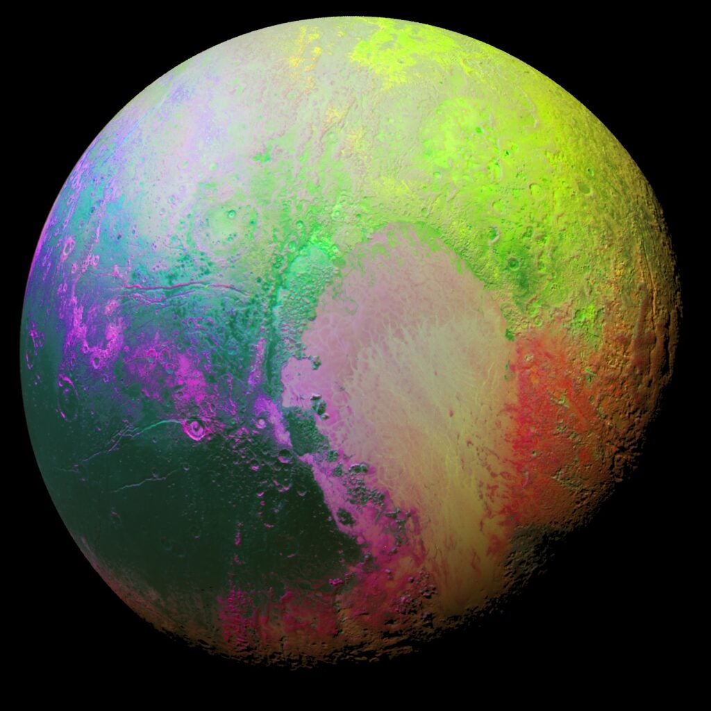 Scientists for New Horizons <a href="http://www.nasa.gov/image-feature/psychedelic-pluto">mapped</a> the surface composition of Pluto using a technique called principal component analysis. The false color image was created using data collected by New Horizons' Ralph/MVIC color camera over the summer.