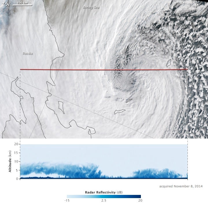 satellite images of the top and interior of a Bering Sea storm, 2014