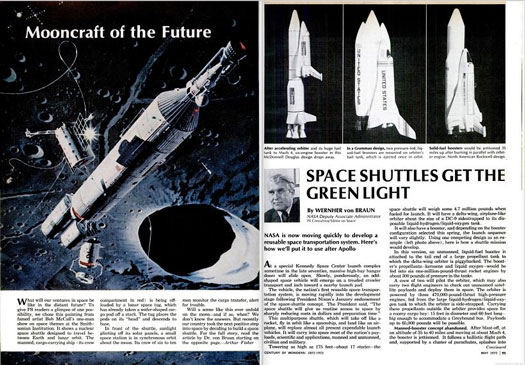 At last, the Space Shuttle's formal debut (as well as a future mooncraft illustration we couldn't resist including). To help readers understand what the vehicle would entail, Dr. von Braun wrote that it would "take off like a rocket, fly in orbit like a spaceship, and land like an airplane." The reusable shuttle would save us millions in transportation costs, he argued. Upon realizing the potential of a space shuttle, agencies would likely purchase "FOB units" that would deploy an activation crew with a shuttle carrying a satellite. That way, the crew could monitor its functionality and relay their observations back to the ground station. Von Braun also predicted that that the shuttle program would one day accommodate non-astronaut scientists to work in space laboratories. "The old argument over manned vs. unmanned space flight would thus simply disappear," von Braun said. "With manned, reusable shuttles providing cheaper transportation into orbit than any other system, the shuttle will corner the space-transportation market." Read the full story in "Space Shuttles Get the Green Light"