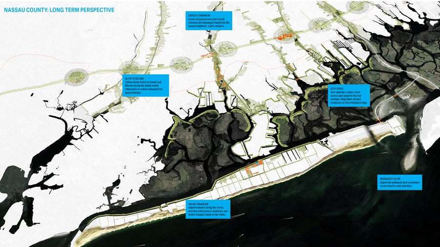 This proposal for protecting the south shore of Nassau County on Long Island (directly east of Brooklyn and Queens) would create an integrated system of open spaces and waterways, including new marsh islands and an inland "blue-green corridor" of rivers and streams, to contain, store, and filter storm water.