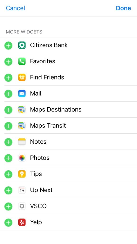 Widgets edit menu in iOS 10