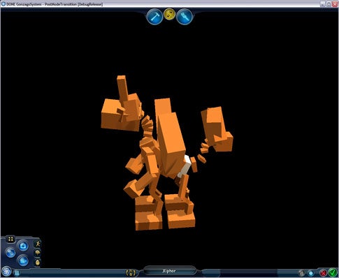 This is an image of Spore's behind-the-scenes animation system. It shows the boxes that represent the bones in the skeleton of the character Xiphor.