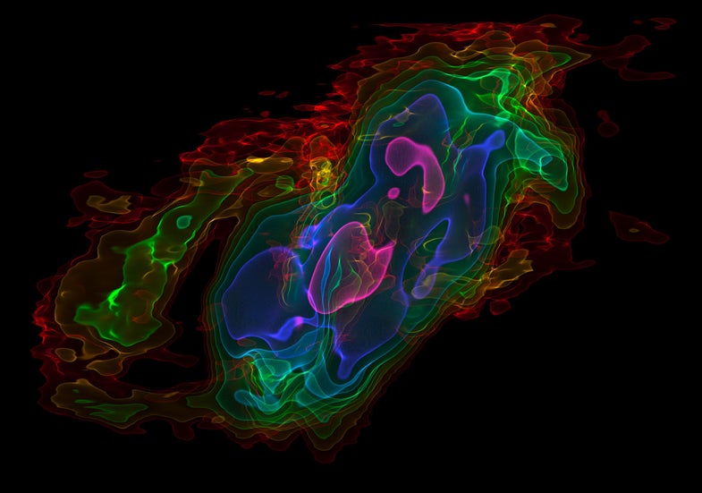 This picture shows a view of a three-dimensional visualisation of ALMA observations of cold carbon monoxide gas in the nearby starburst galaxy NGC 253 (The Sculptor Galaxy). The vertical axis shows velocity and the horizontal axis the position across the central part of the galaxy. The colours represent the intensity of the emission detected by ALMA, with pink being the strongest and red the weakest. These data have been used to show that huge amounts of cool gas are being ejected from the central parts of this galaxy. This will make  it more difficult for the next generation of stars to form.