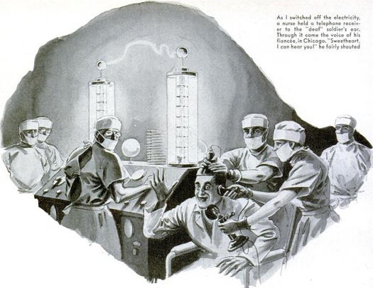 After observing patients who complained of illnesses, but were otherwise physically healthy, a group of physicians wondered if they could "trick" these apparently unbalanced patients into getting better. "By removing the mental quirks that cause many physical ills, modern psychiatrists can bring hearing to the deaf, sight to the blind, and relief to the afflicted, we said." Dr. Frederic Damrau, the article's author, recalled an incident where a soldier complaining of deafness visited an Army hospital in New York during World War II. After examining his ears, the doctors concluded that the men wasn't actually deaf, but that his mind had repressed his hearing as a response to the trauma of battle. In an impressively elaborate false setup, the hospital staff hooked the soldier up to an electrical machine, sent an extremely mild current through his body, and called up the man's wife. Sure enough, the man could hear her voice over the telephone. Read the full story in "Medical Miracle Men Cure the Body Through the Mind"