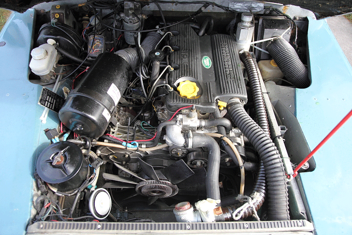 The engine of a 1979 Land Rover.
