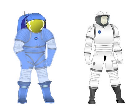 While preparing to walk on the moon, the astronauts will construct Configuration Two (shown here, on the left, in a concept prototype drawing) by replacing elements of Configuration One (right) with elements specialized for surface operations.