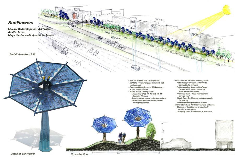 The original idea for the SunFlower exhibit, seen here, seemed to include twice as many of the solar panels.