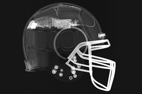 An x-ray image of a new telemetry helmet reveals its sensors.