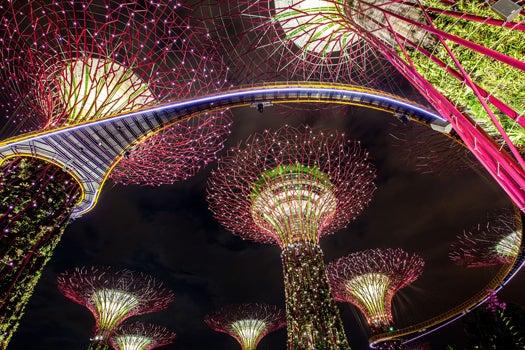 This shot shows Singapore's Garden by the Bay, a massive show of light and sound which we wish dearly would come to New York.