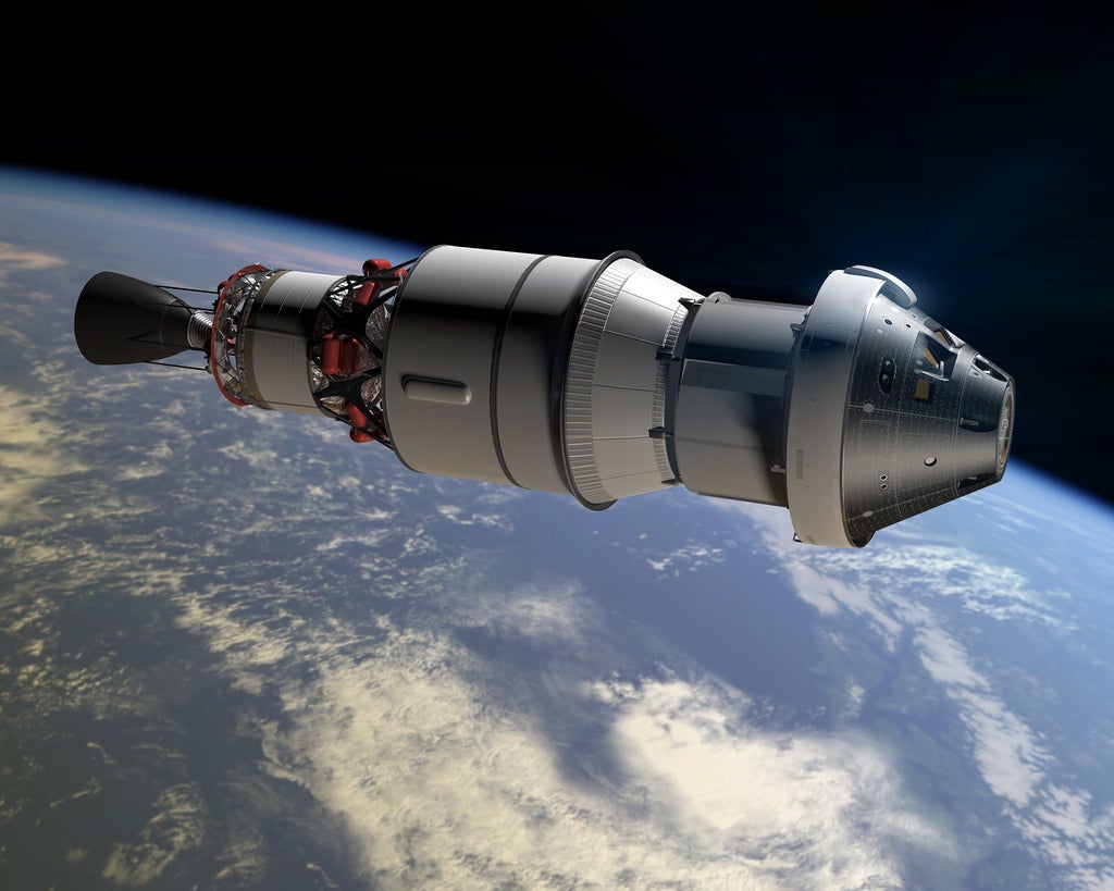Artist rendering of the Orion attached the Delta IV's upper stage prior to rocket fire