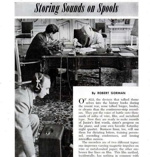 The ability to record and play back sound was a boon not just to America in wartime but to parents who wanted to record the cute things their children said, and slow note-taking journalists everywhere. By 1947, you had two options: the recorder that made magnetic impressions on wire or metal-coated paper, or the kind that embossed marks onto film. Putting magnetic material on film made for cheaper recordings, but the film was far less durable than metal wire and harder to edit. PopSci looks at the history of the magnetic recorder, weighs the pros and cons of the different types, and imagines a future where such machines are portable. Read the full story in Storing Sounds on Spools