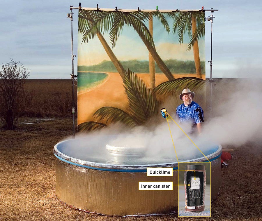 A white man with graying hair and a straw hat standing in a steaming hot tub on a prairie in front of a canvas painted with palm trees.