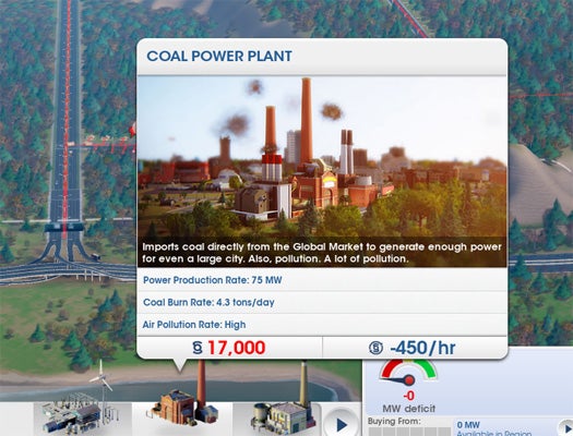 Stone Librande, SimCity's lead designer, says he wanted to stay true to the positive sides of coal power (extremely cheap and effective), but he also ensured that towns with coal power are realistically shrouded in pollution and disease. The development team also took every opportunity they could get to mock initiatives like the disingenuous "Clean Coal." The jab shown above is just one of many playful pokes at dirty power. The description for the Clean Coal generation also reads, ""This is as 'clean' as it's going to get, bub. It is coal after all."