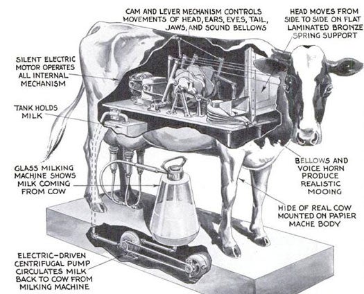 Messmore and Damon, a New York-based workshop specializing in in mechanical animals, exhibited their lifelike electronic cow at the World's Fair in 1933. Read the full story in "Robot Cow Moos and Gives Milk"
