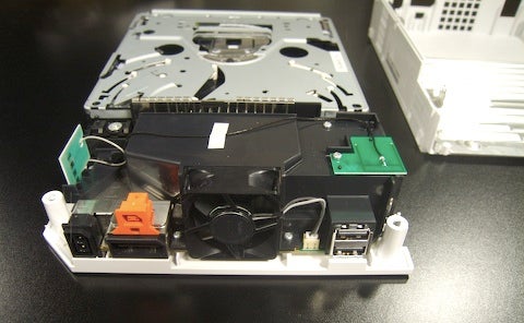 Rear view of the cooling fan and A/V, power and USB ports