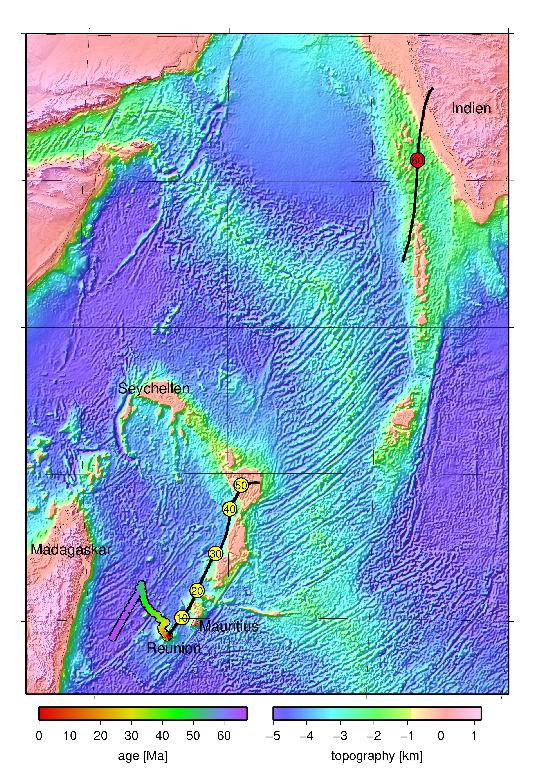 The areas with topography just below the sea surface are now regarded as continental fragments. The colored track west of Reunion is the calculated movement of the Reunion hotspot. The black lines with yellow circles and the red circle indicate the corresponding calculated track on the African plate and the Indian plate, respectively. The numbers in the circles are ages in millions of years.