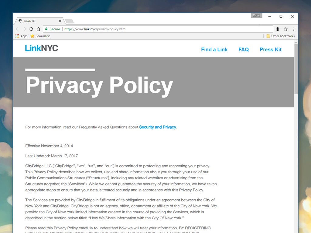 The privacy policy for a public Wi-Fi network.