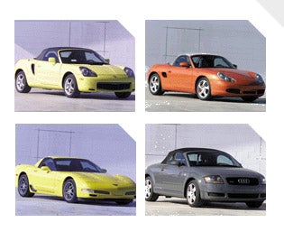 (Clockwise, from top left)<br />
Agile, light, and well-balanced, the new MR2 is at home on tight corners and short straights With most power coming at high engine rpm, the Porsche Boxster S rewards precise driving. The four-wheel drive of the Audi TT proved balanced, but its weight limits cornering ability. Raw power, improved grip, and a well-balanced suspension put the Corvette Z06 in front.