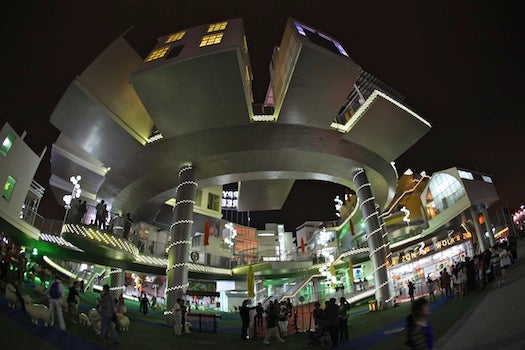 A fisheye view of the Dutch carnival of skewed modules, resembling a mini-city after a dose of something in Amsterdam. By far the most whimsical pavilion, and a popular one.