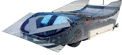 A modified remote-control car with plastic aerodynamic pieces added.