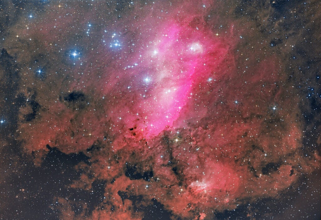 Astrophotographer Dieter Willasch created this great shot of the Prawn Nebula, in the tail of Scorpius. It's about 6,000 light-years away. Read more <a href="http://www.astro-cabinet.com/showimage.php?image=IC4628-30mHa-30mO3_45mm_RGB_ss1.jpg&amp;lang=english">here</a>.