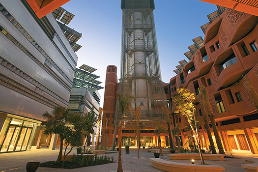 The 148-foot-tall tower beside the Masdar Institute directs cool wind from above the city into a courtyard to create a perpetual breeze.