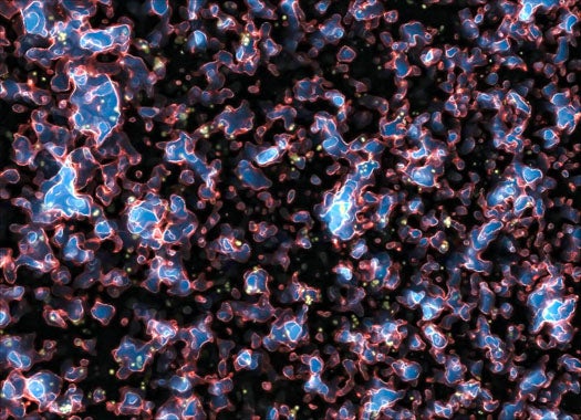 The galaxy is so far away that it appears as it did when the universe was just 600 million years old. At that time, the universe was filled with a dense hydrogen fog that was lit up by intense light from young galaxies. This illustration adapted from a scientific simulation depicts what the universe looked like at that time, a period known as the era of reionisation.