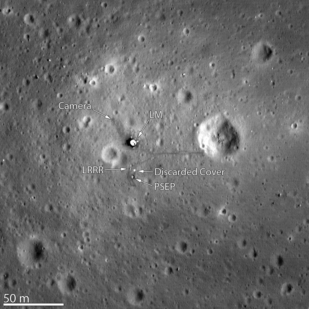 In the LRO image taken from 15 miles above the surface, we can see the remains of their footsteps on the Moon: where they walked to set up the camera, set up the surface experiments, and walked to a nearby crater.