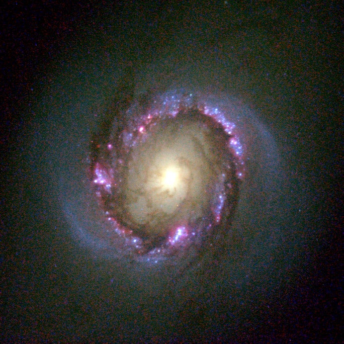 A face-on spiral galaxy with a ring of star-forming regions in red and blue around the center.
