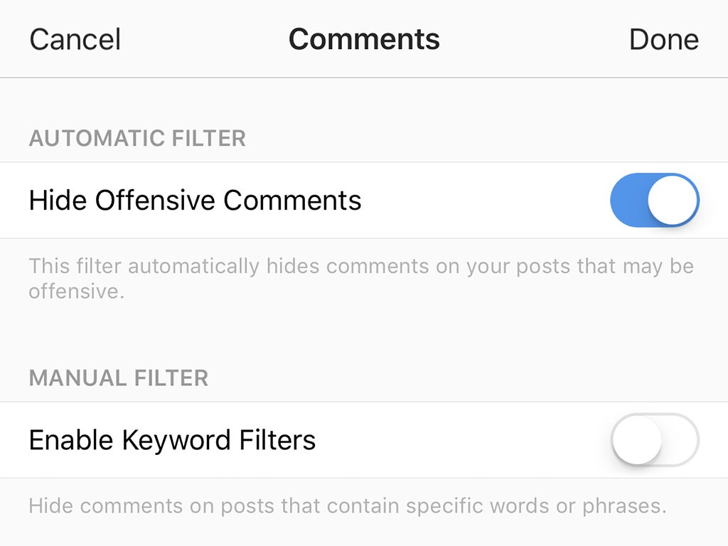 The comments settings on Instagram.