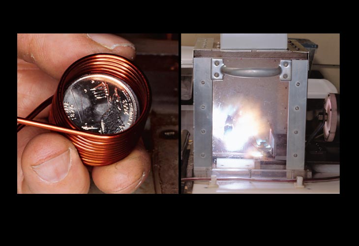 A person holding a coin surrounded by a copper coil, next to a shrinker with an explosion inside it.
