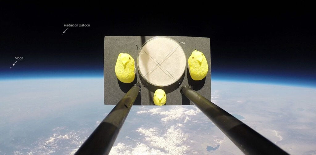 photo of marshmallow candies stuck on a board, in the stratosphere