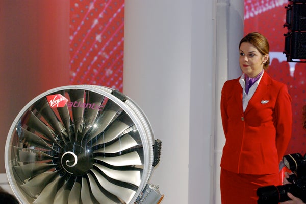 A model of Virgin's new Rolls Royce-built jet engines. And a model of Virgin's flight attendants.