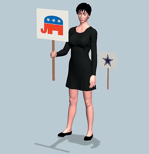 <em>Each simulation is made up of interacting individuals. This is Amy. She has many beliefs and affiliations, but displays only one at a time. Here she professes her Republican leanings. She's also a Cowboys fan, but football is not on her mind right now.</em>
