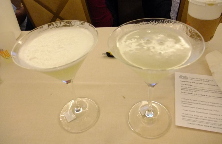 The drink on the left was shaken with egg white; the one on the right with gelatin. The two were equally frothy just a moment before the photo was taken.