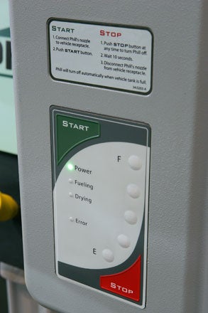 A closeup of the Phill refueling station's controls