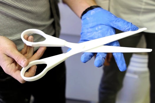 A pair of 3-D printed nylon scissors that New York City mayor Michael Bloomberg used to open Shapeways' new "Factory of the Future" in Queens.